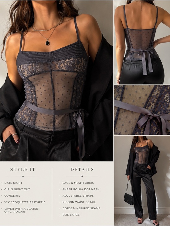 Moda International Tops - Moda International Smoky Purple Lace Mesh Corset Cami | Y2K Coquette